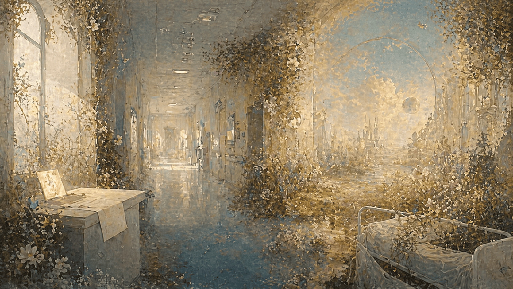 Ethereal garden within a mystical corridor