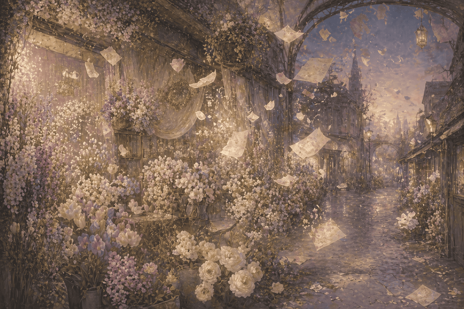 Enchanting flower shop in twilight alley
