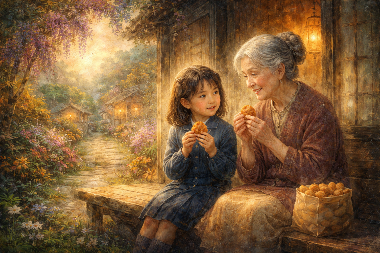 おばあちゃんとコロッケを食べている姿