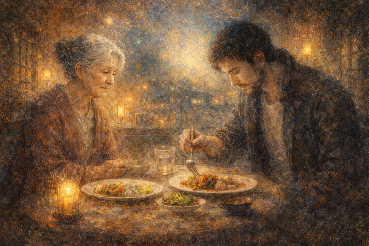 母と食事をとる息子