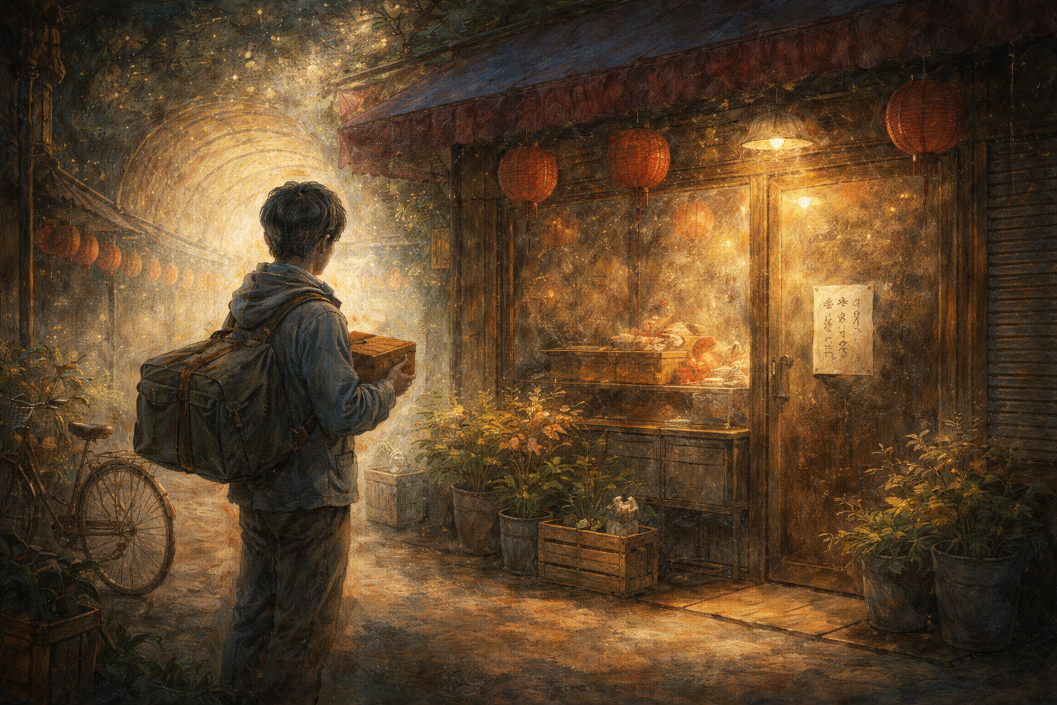 商店街で佇む青年