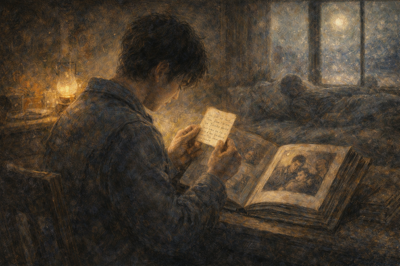 紙片を見つめる青年