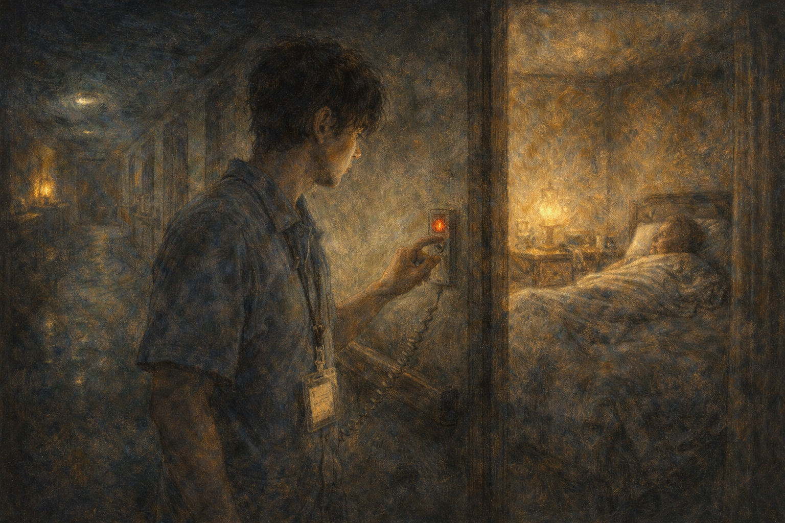 ナースコールに出る青年