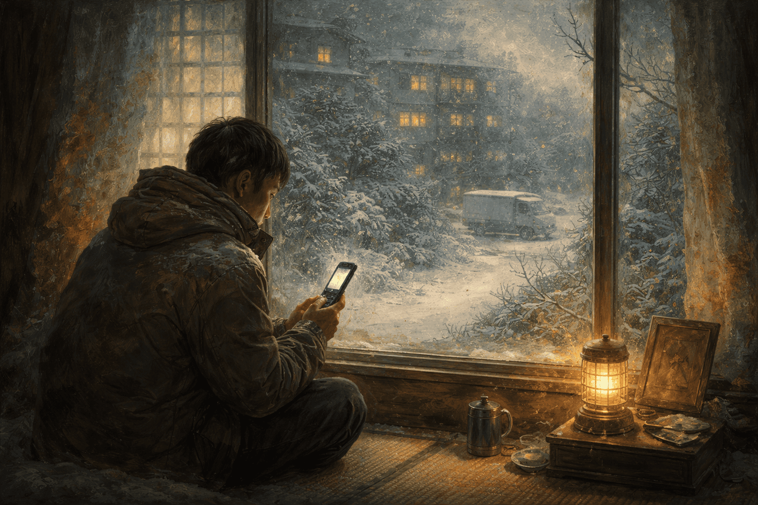 外を眺める青年