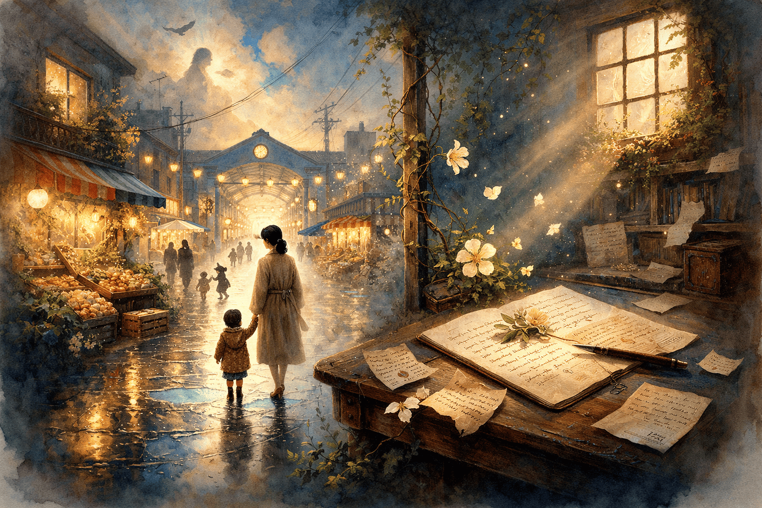 子供を連れて歩くシーン