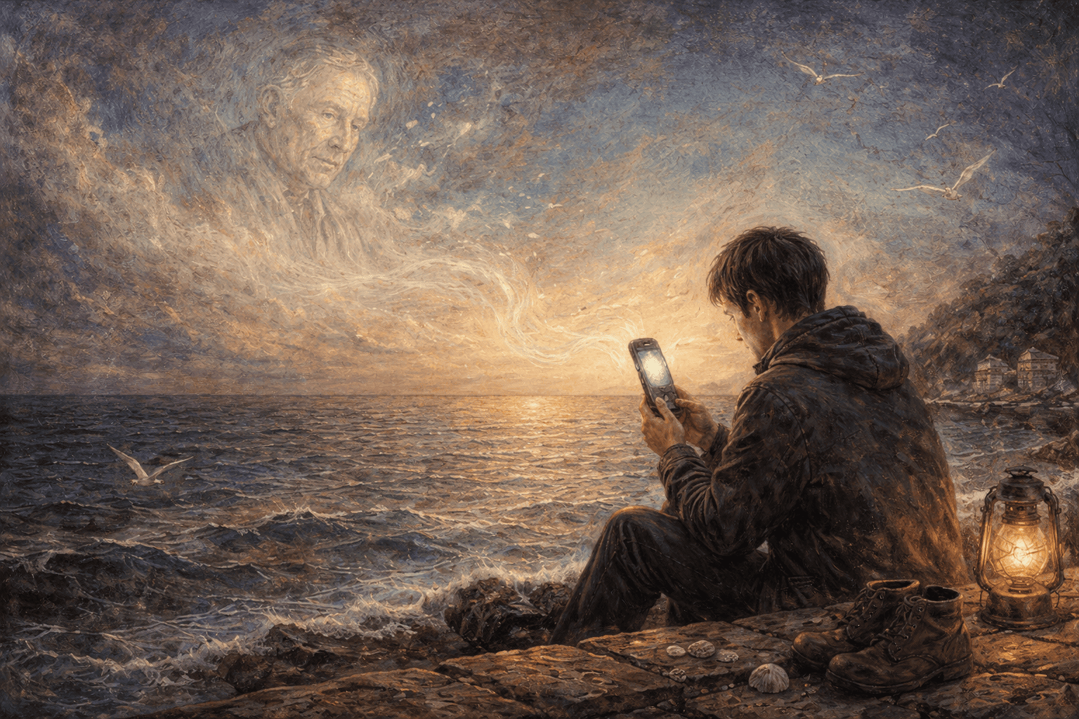 海辺でスマホを見ている姿