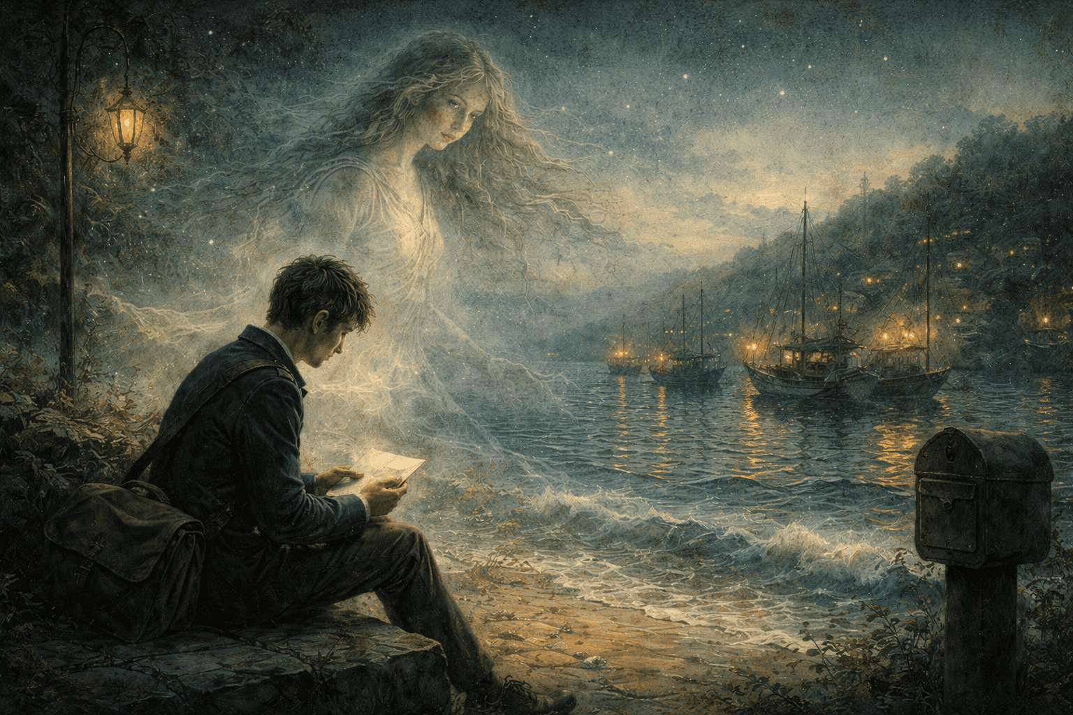 海辺で手紙を読む人