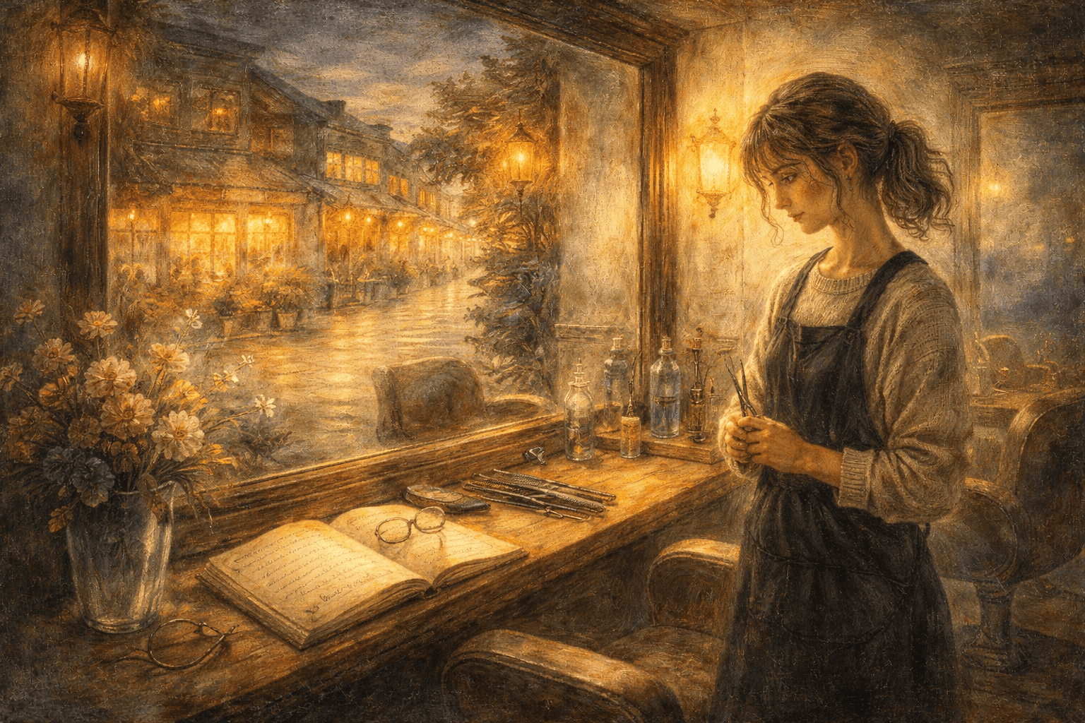 夕暮れ時の静かな美容室