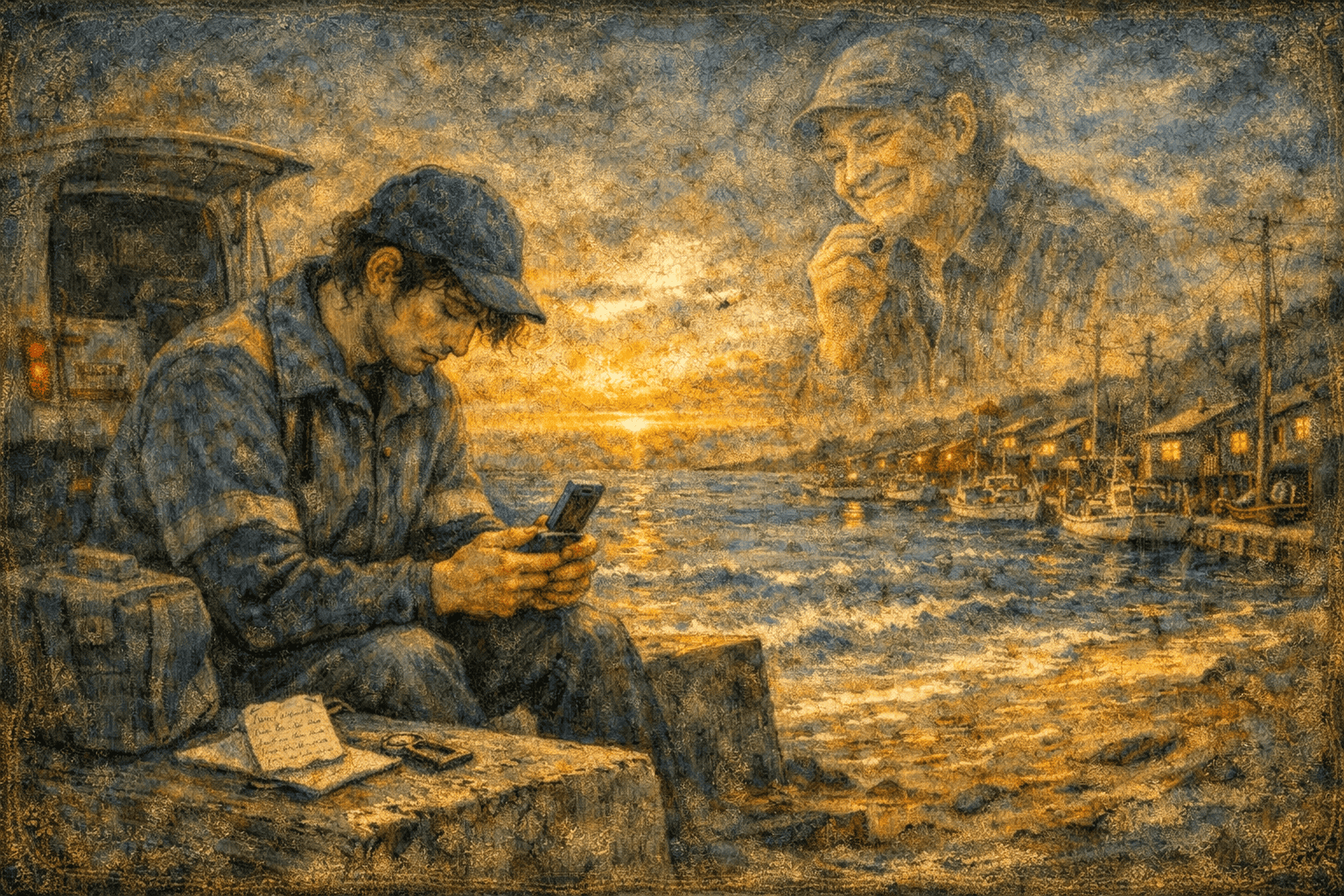 海辺の若者と幽霊の老人