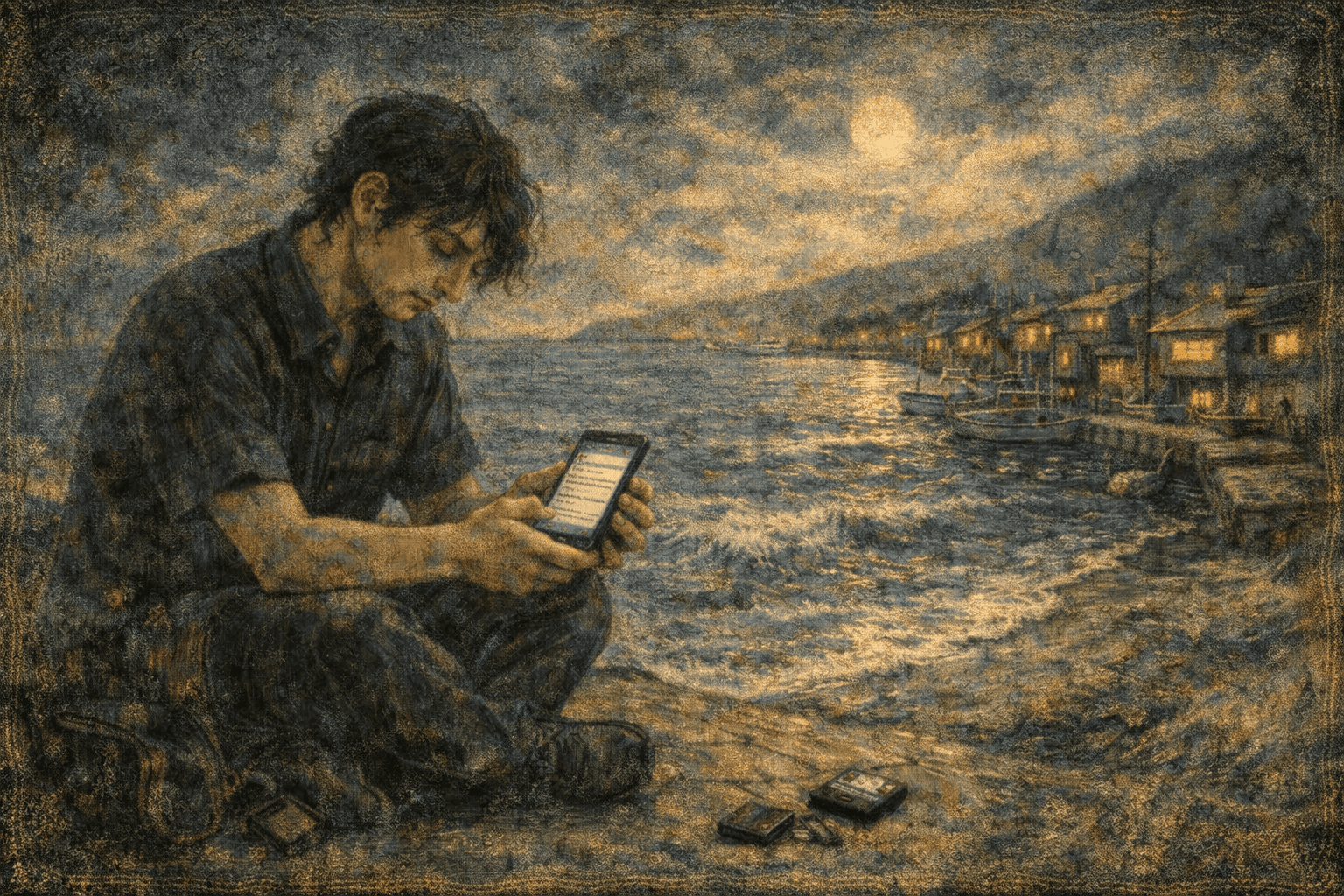 夜の海辺の孤独な瞬間