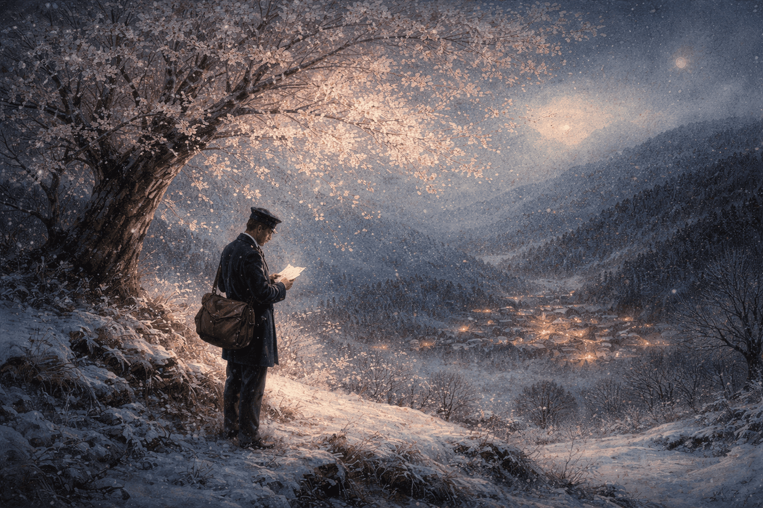 雪の丘と桜の木の下で