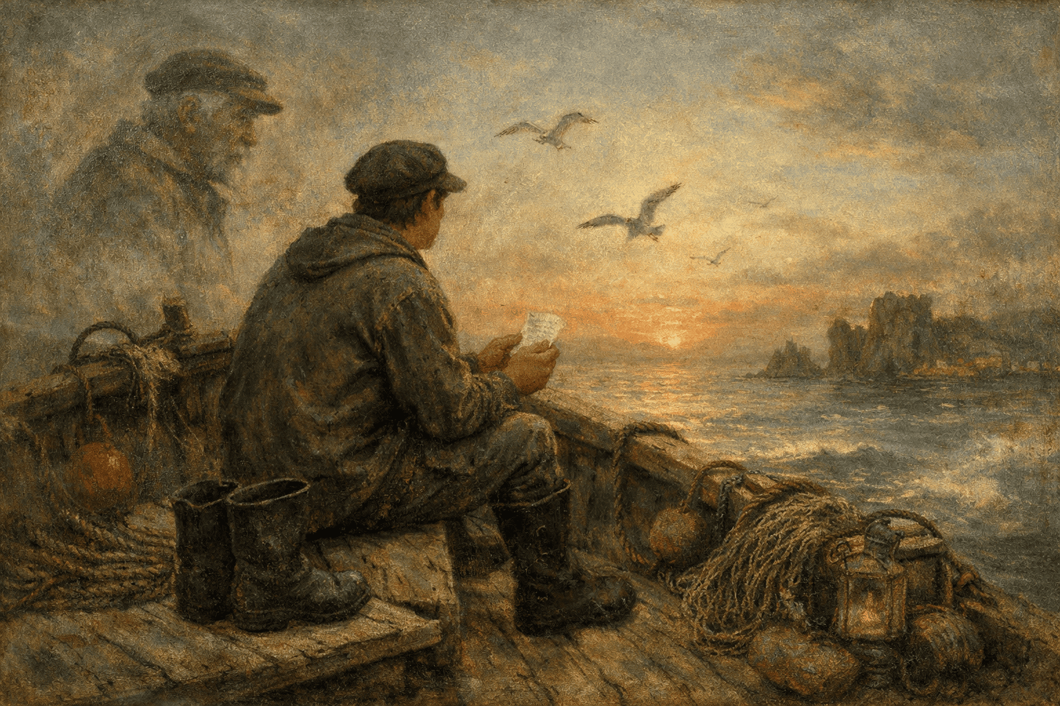 漁師と霧の中の影