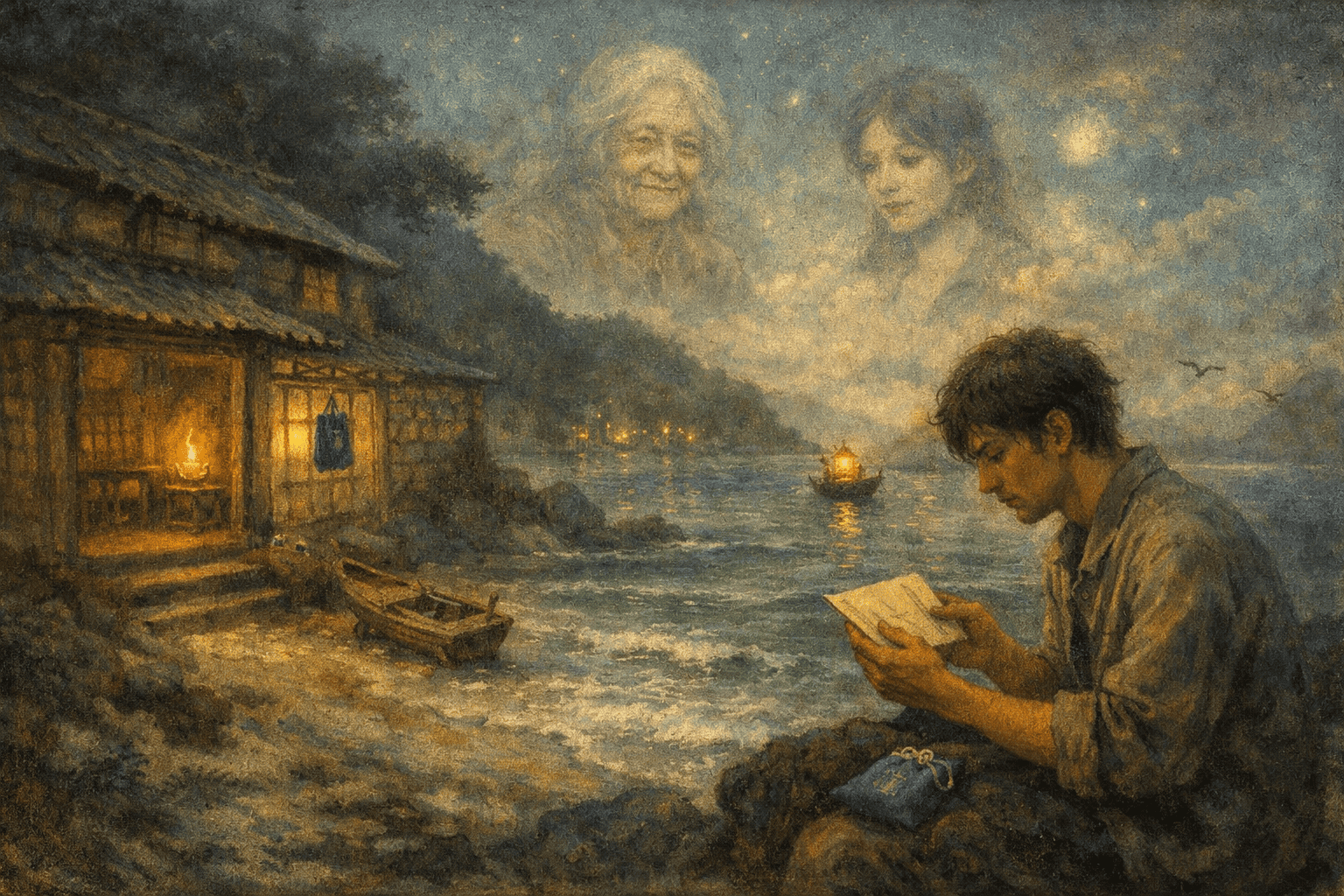 夕暮れの海岸と郷愁