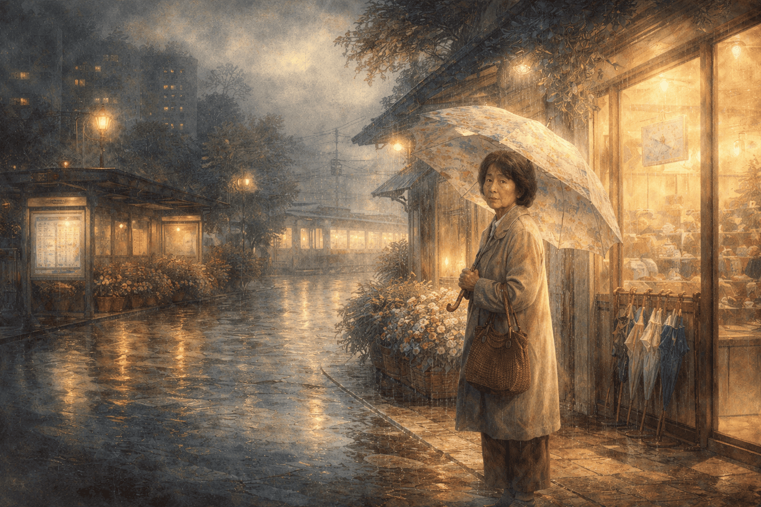 雨の中の駅前の待機