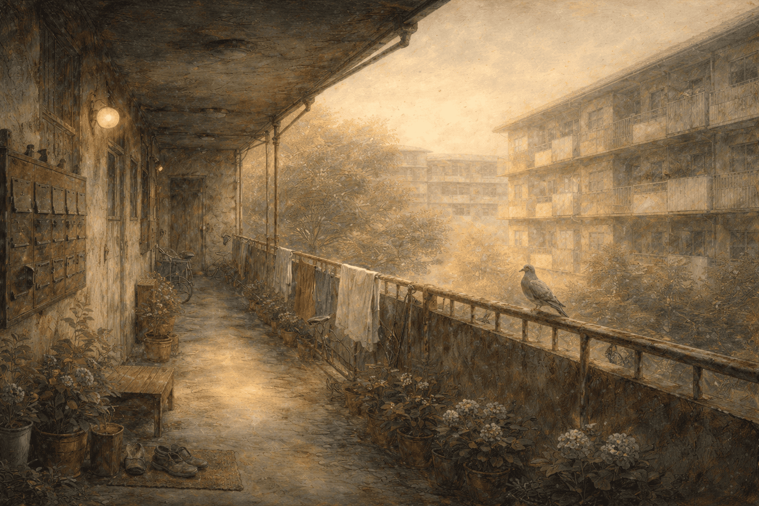 夕暮れのアパートメント通路