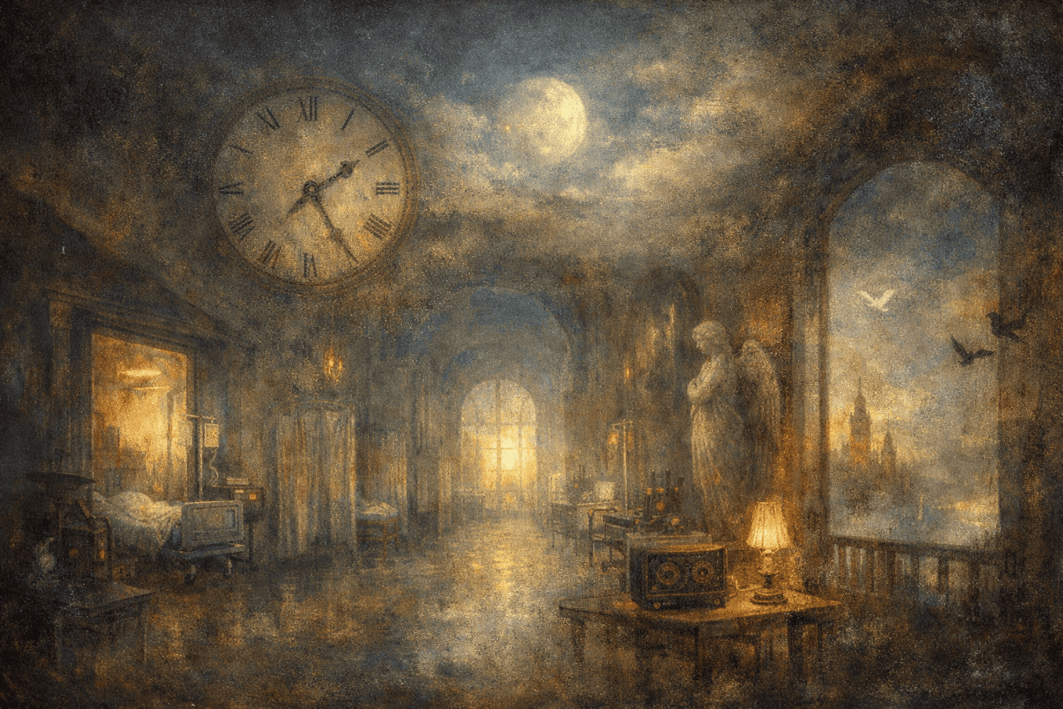 病院の廊下と夢幻的な景色