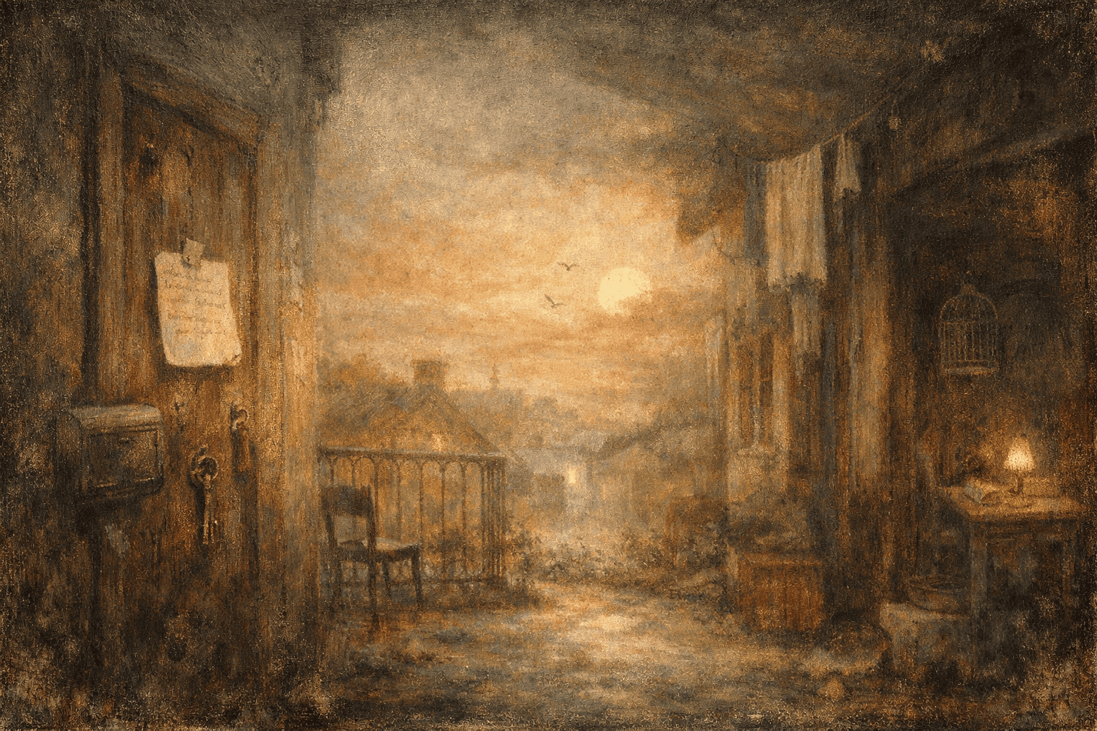 夕日と古びた廊下