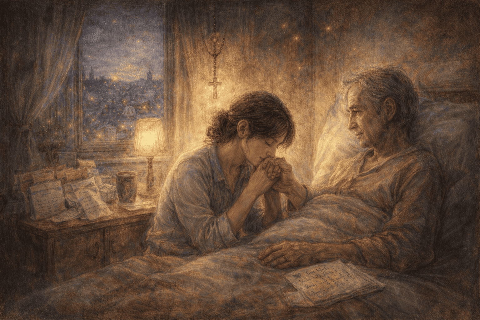 父と手を握り合う姿