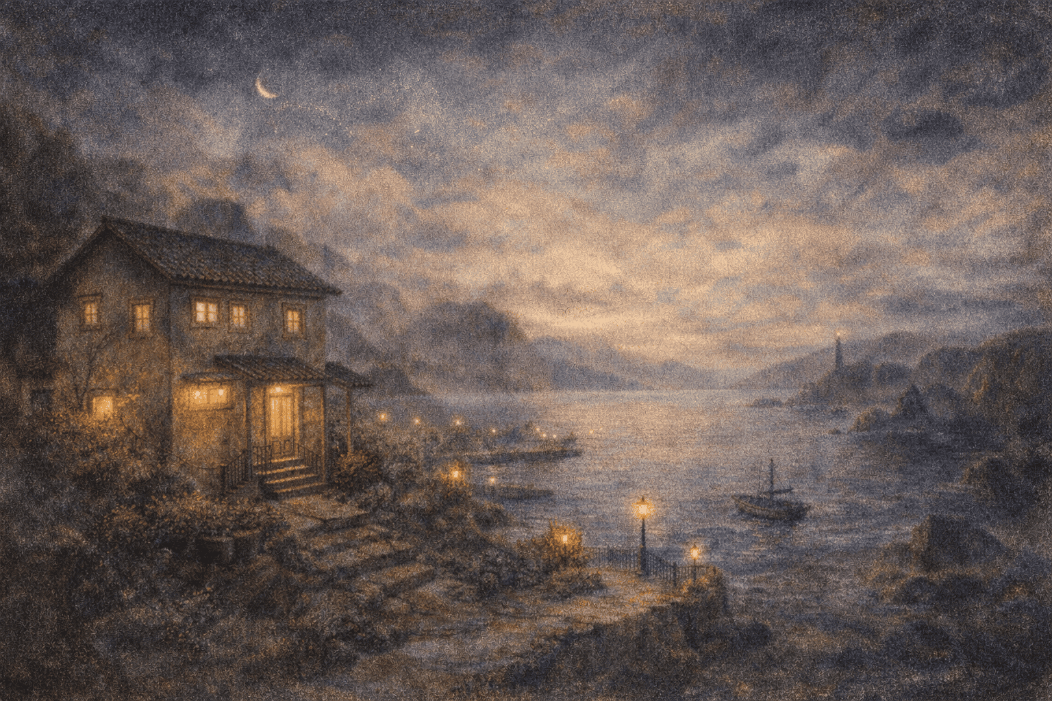 夜の海辺の村の風景