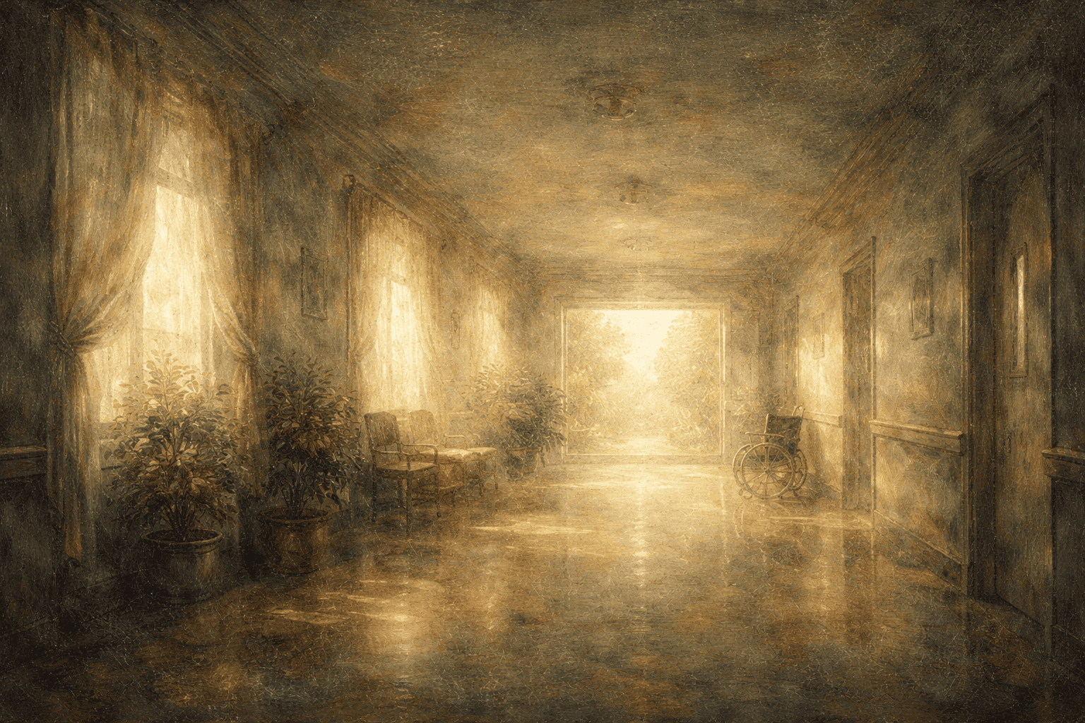 日差し差し込む病院の廊下