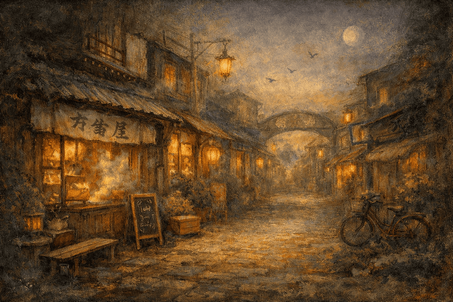 黄昏の街並みと幻想的な光