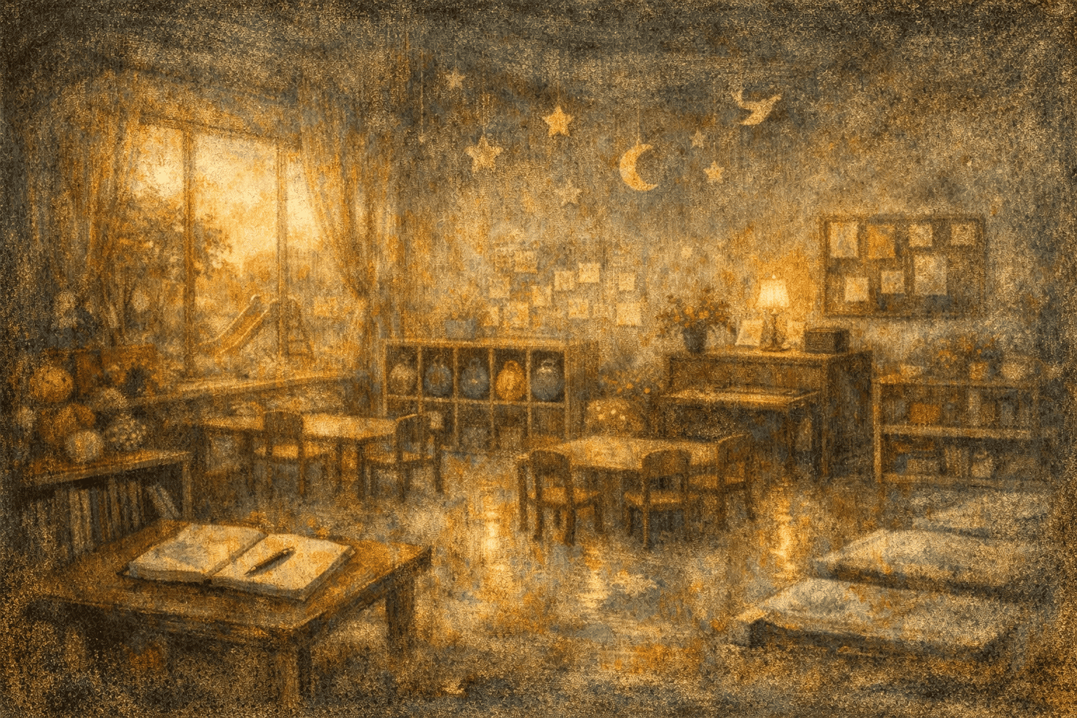 夕日の中の静かな教室