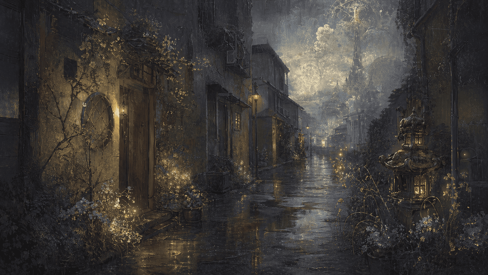 Magical alley at twilight glow