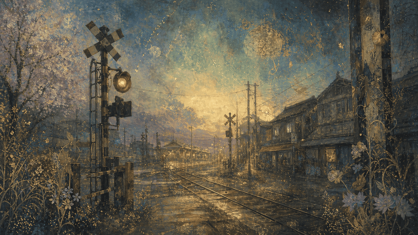 Twilight railway crossing with magical glow