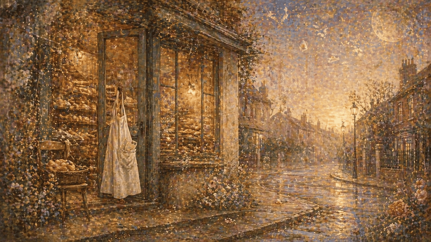 Enchanted bakery by misty streets