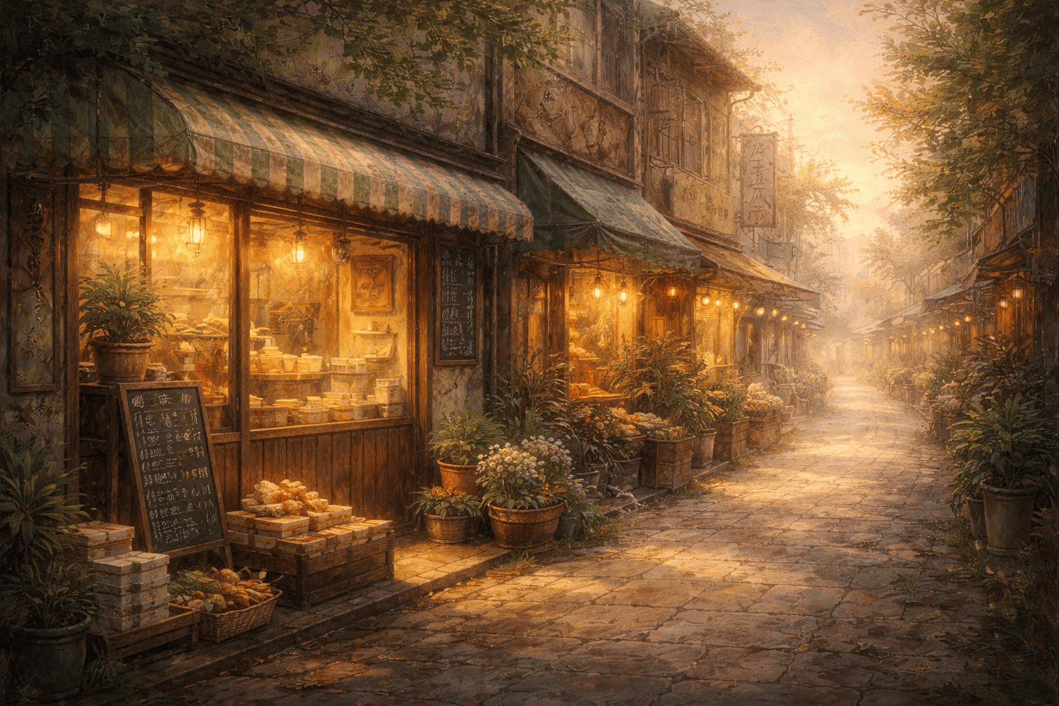 夕暮れの小道と弁当屋