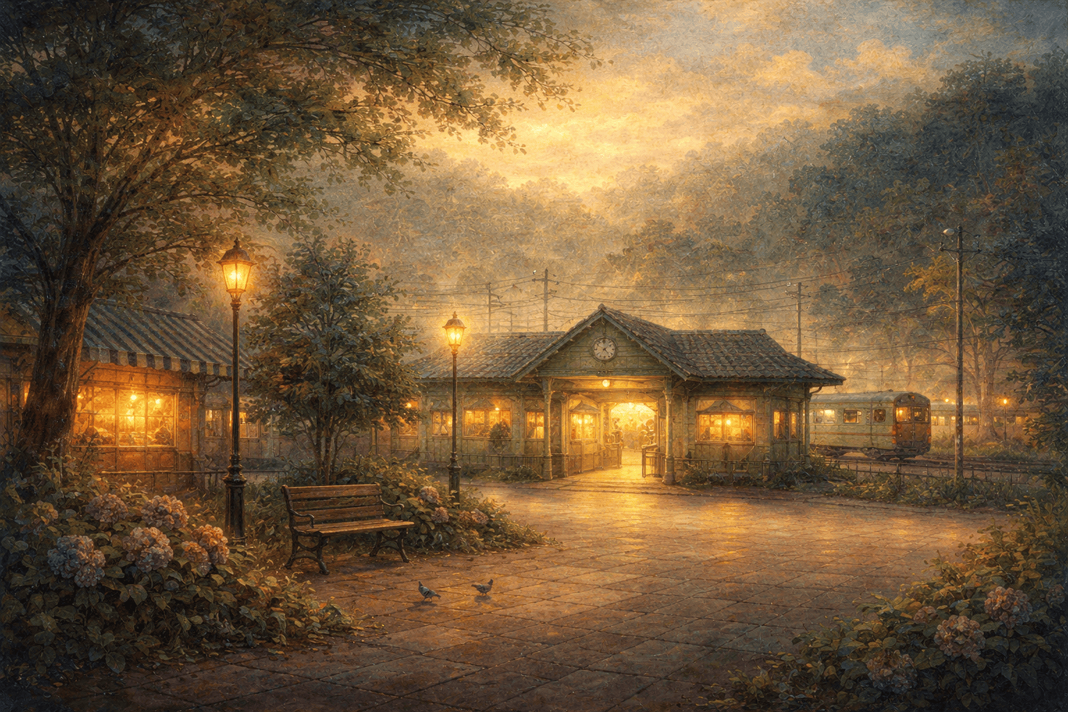 日の入りの駅舎と憩いの時間