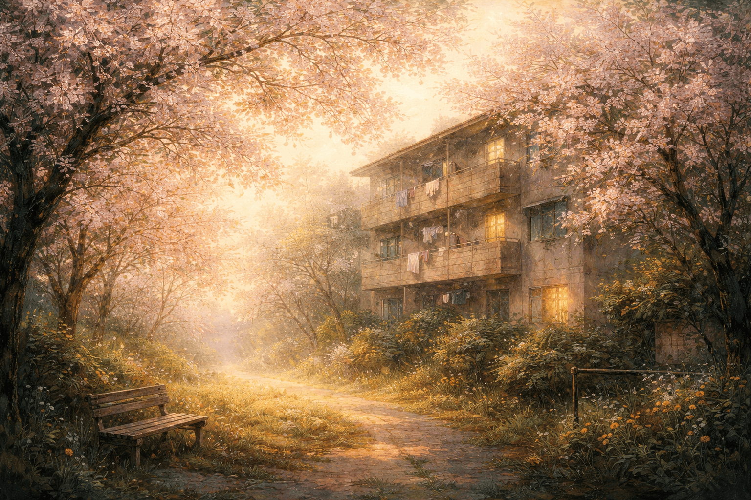 春の午後の桜と旧アパート