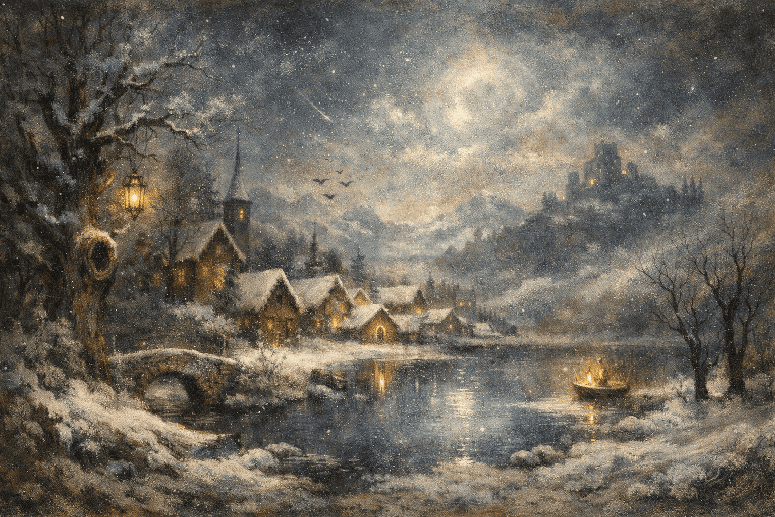 冬の夜の村の風景