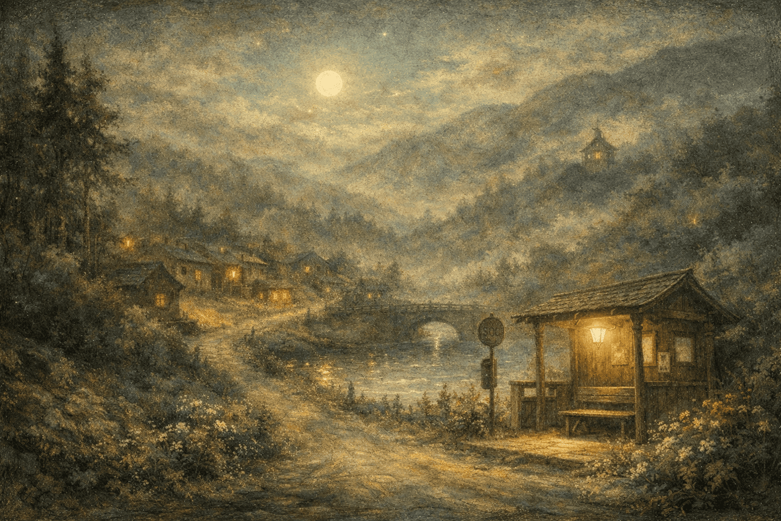 夕暮れの村と山の景色