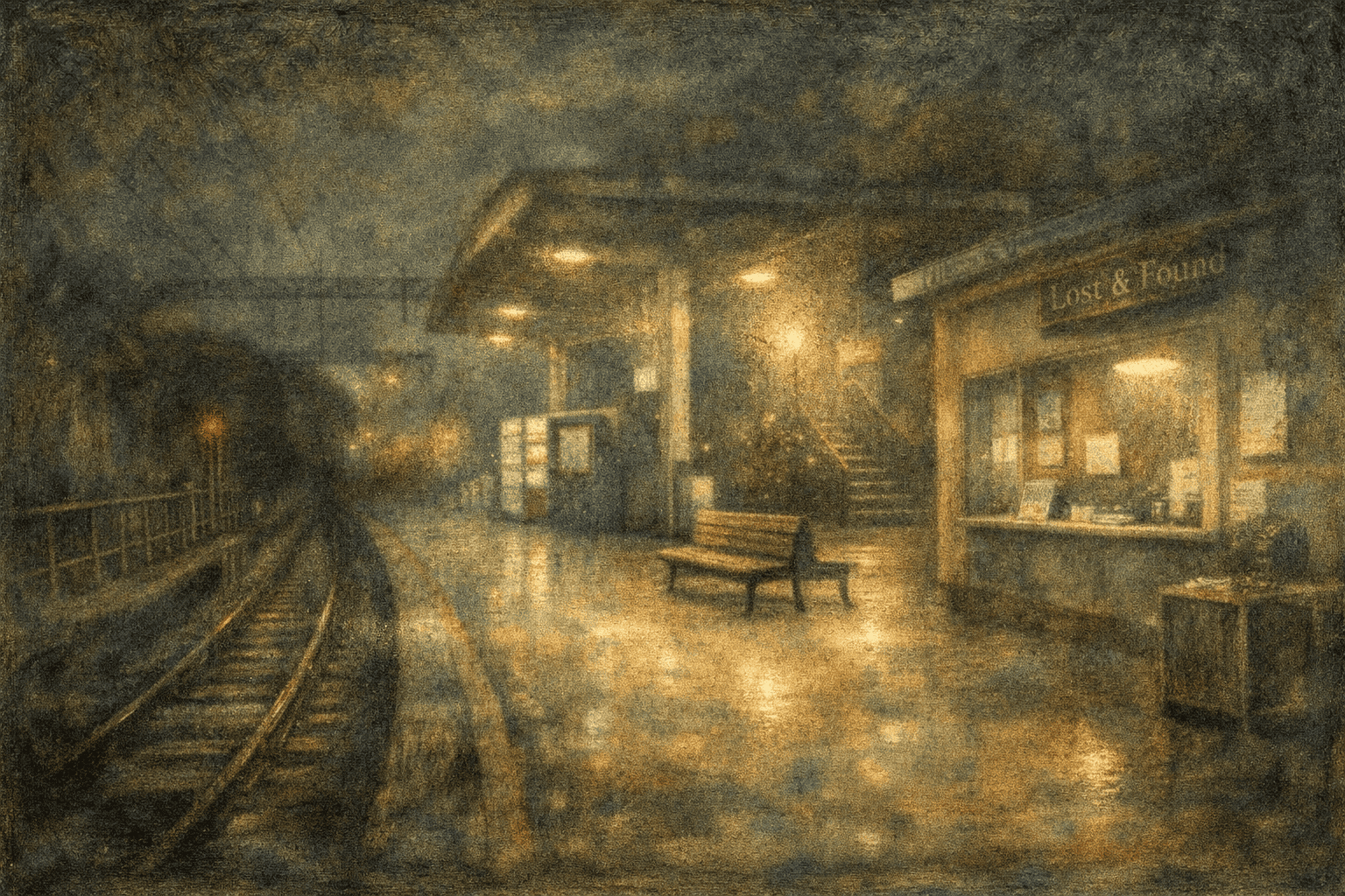 夜の静かな駅プラットフォーム