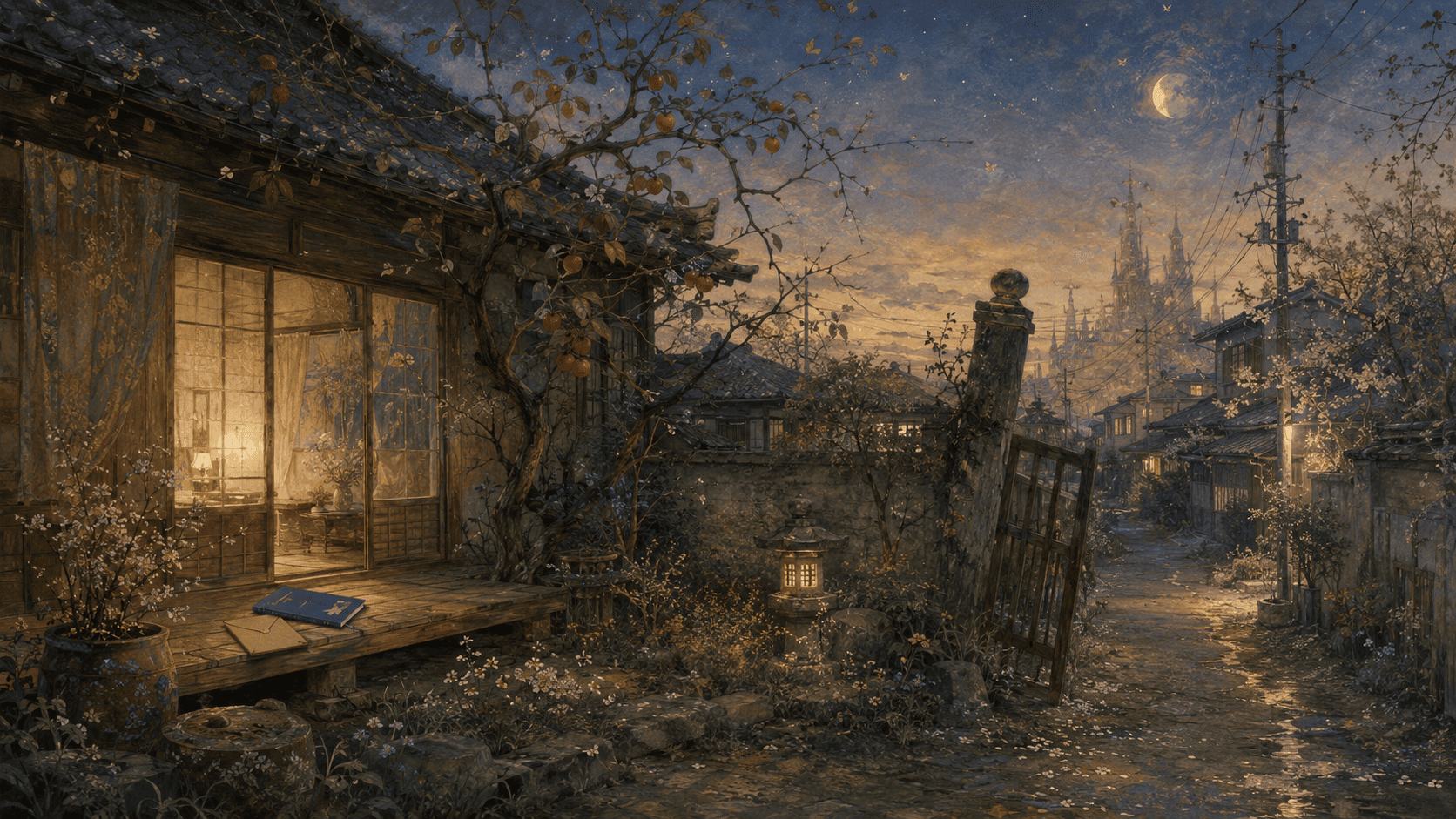 静かな夕暮れの日本の庭