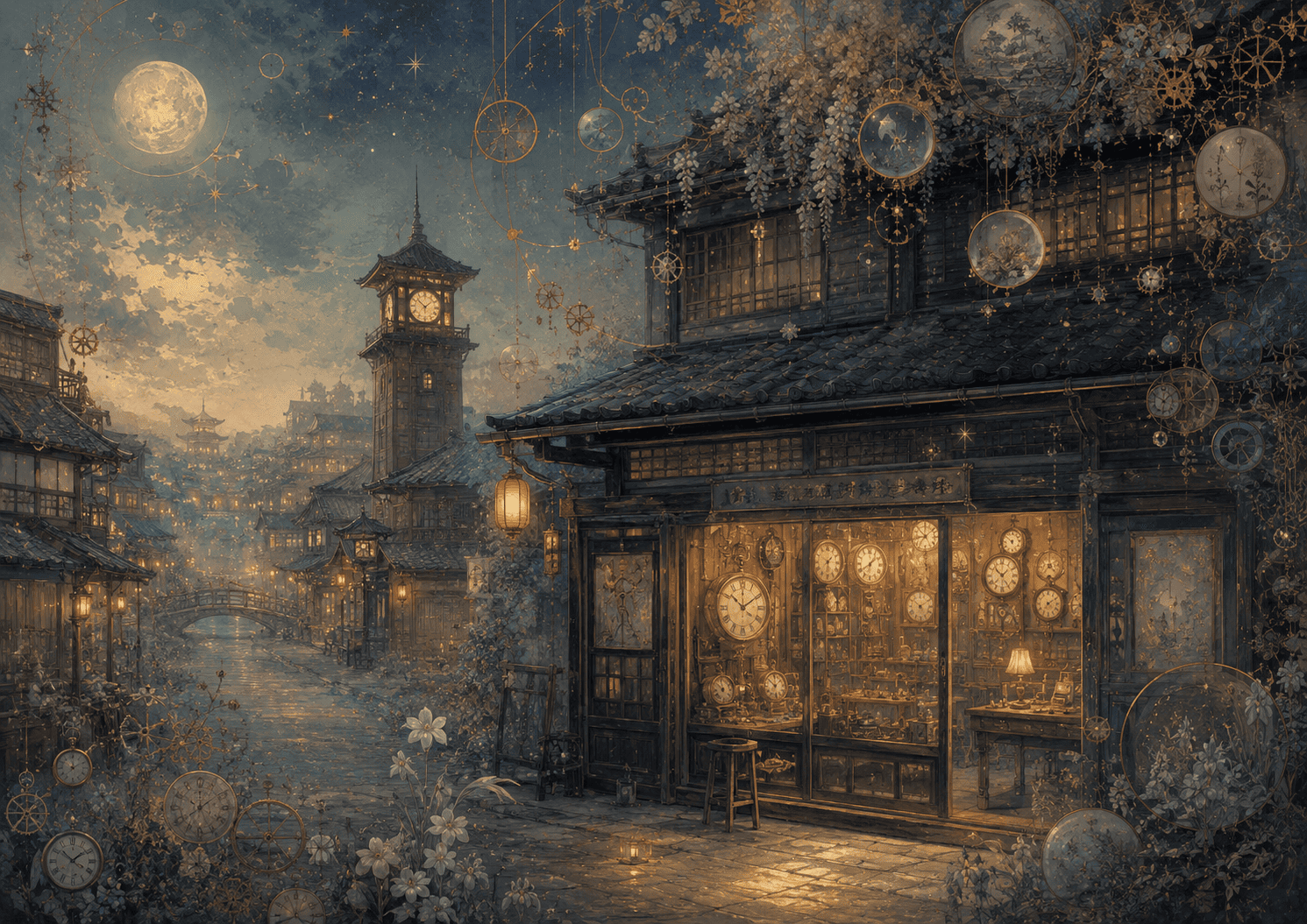 月夜の時計店と幻想的な町並み
