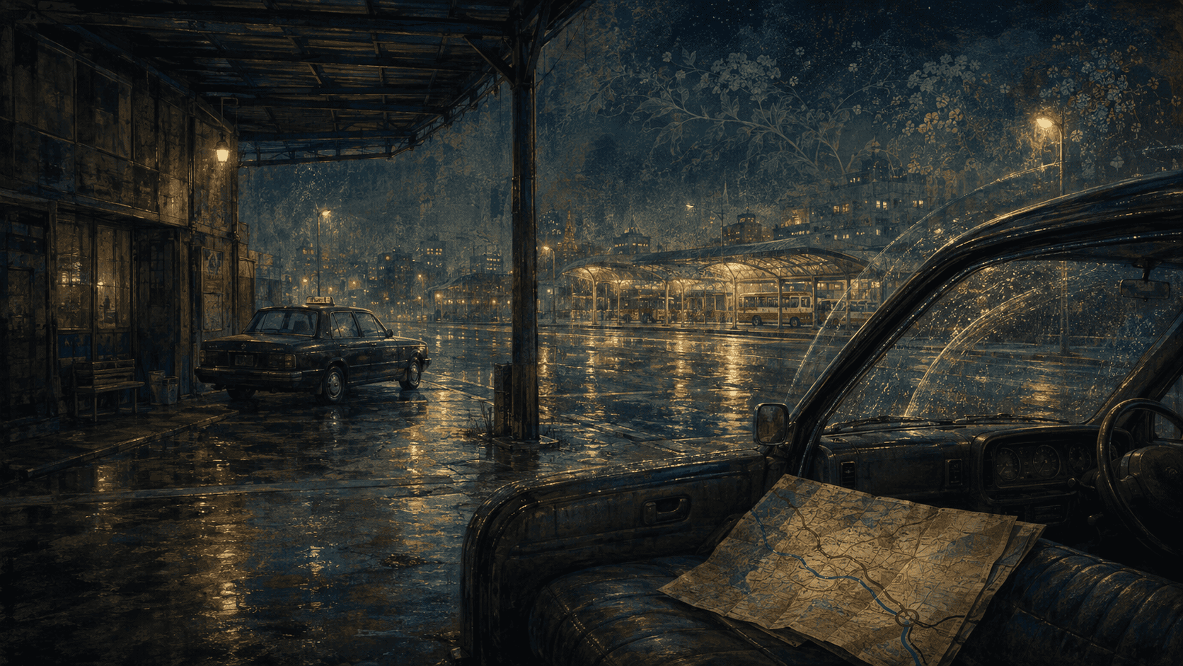 雨夜の車庫と寄り添う二本の道
